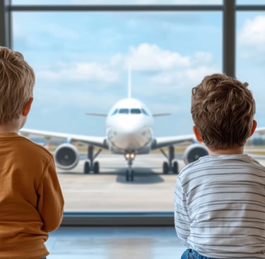 Two children watching an airplane at the airport before a family trip to Punta Cana