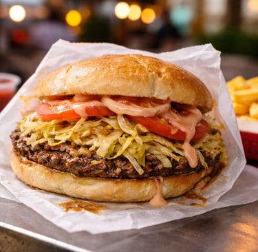 Typical Dominican chimi burger with beef patty, cabbage, tomato, and pink sauce, served with fries