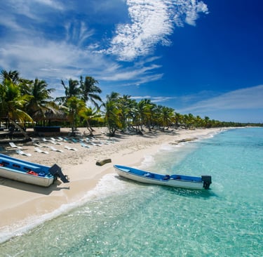 Sandy beach with palm trees and fishing boats on Catalina Island Caribbean coast.