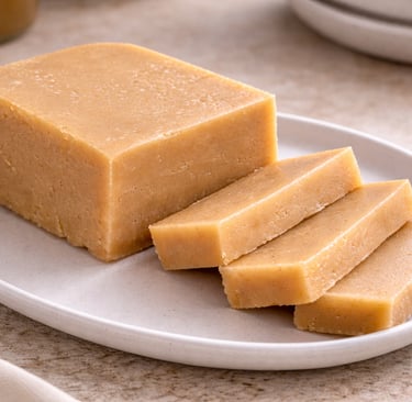 Dominican dulce de leche block sliced into caramel squares on a plate