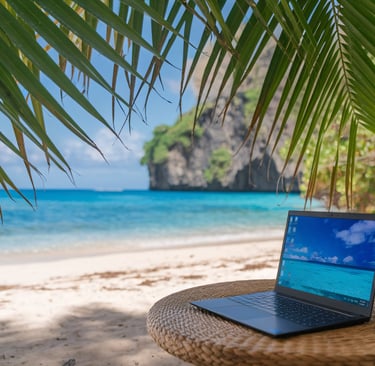 Laptop on tropical beach in the Dominican Republic