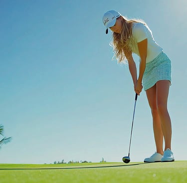 Woman playing golf on a tropical course in Punta Cana, Dominican Republic