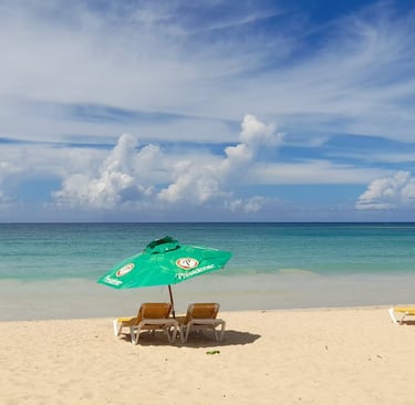 Macao Beach with turquoise water, soft sand, and Presidente umbrellas in the Dominican Republic