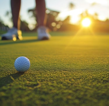 Golfer at La Cana Golf Course in Punta Cana at sunset with ball on green