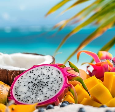 tropical dominican fruits on a sandy beach