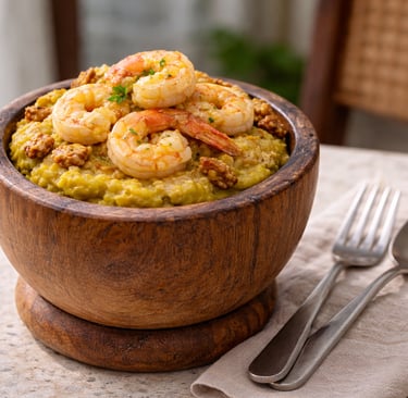 Dominican shrimp mofongo served in a wooden bowl with garlic mashed plantains and pork cracklings