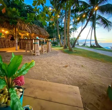 Mosquito Boutique Hotel beachfront bar at sunset in Las Terrenas, Dominican Republic