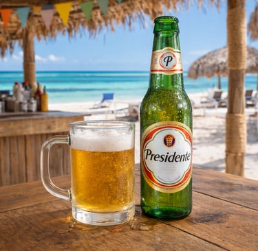 Presidente beer on Punta Cana beach bar table with Caribbean ocean view
