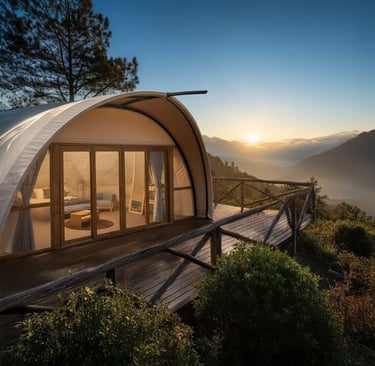 Luxury glamping dome in Jarabacoa, Dominican Republic with mountain sunrise views and wooden deck terrace