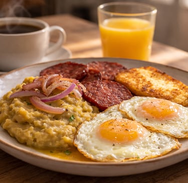 Dominican breakfast tres golpes with mangú, fried eggs, salami, fried cheese, pickled onions, coffee and orange juice