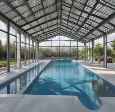 An outdoor swimming pool with clear blue water is surrounded by greenery and palm trees. Adjacent is a multi-story building with large windows. The pool's edge features metal handrails and warning signs on the floor, indicating caution for slippery surfaces. The sky is mostly clear, suggesting a pleasant day.
