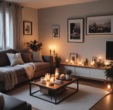 A collection of handcrafted items on a table including wooden candle holders, lamps with gray textured shades, and decorative bowls. A woven leather bag is visible on the right, while various materials and tools can be seen in the background.