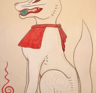 Enlarged detail of the right fox figure from Tōryanse — showing spiral lines painted in gofun