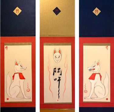 Fox-themed hanging scroll triptych titled Tōryanse — The Gate by Fumiyo Yoshikawa, inspired by Fushi