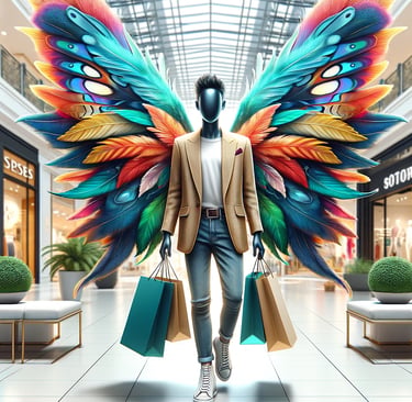 men with shopping with wings as fairy
