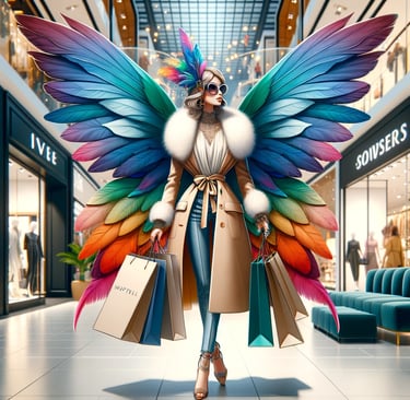waman with shopping with wings as fairy