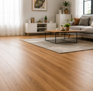 Modern living room featuring light oak laminate flooring, a gray sofa, and minimalist decor.