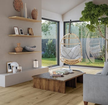 a living room with a chair and a chair