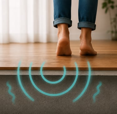 A person standing on heated hardwood floors showing radiant underfloor heating waves.