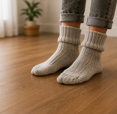 A person wearing thick grey wool socks and cuffed jeans standing on a warm wooden floor.
