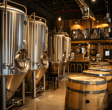 Industrial stainless steel brewery fermentation tanks and wooden beer barrels in a modern craft brewery facility.