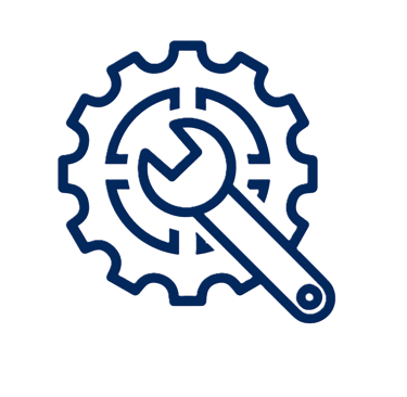 Dark blue line icon of a mechanical gear and wrench representing technical settings and repair services.