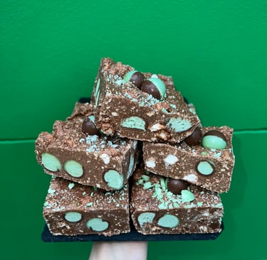 Mint aero rockyroad cakes. Stacked to entice.