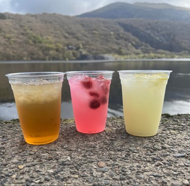 Iced drinks next to Lake Padarn. Peach tea, Cloudy lemonade, 