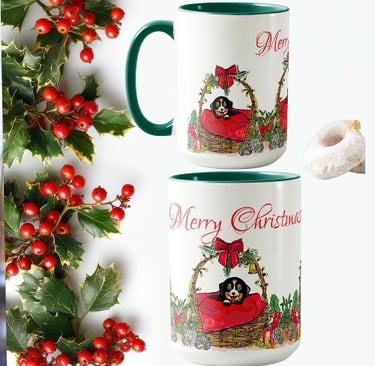 a couple of mugs with a dog in a basket