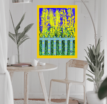 a yellow and blue flower garden with fence