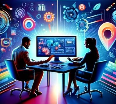 two people sitting at a desk with a computer screen