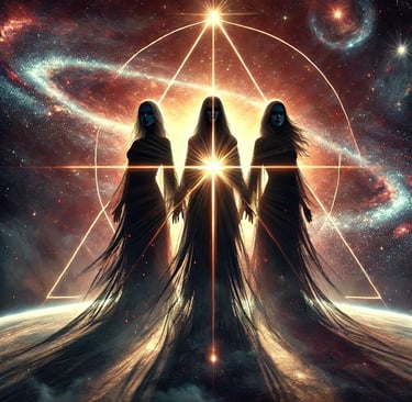 A striking scene with three dark silhouettes of females Nova Talos, Vortex Nexus and Xoto