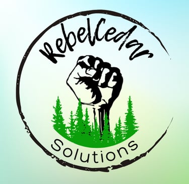 RebelCedar Solutions Logo; italicized lettering with a rebellious fist and some trees