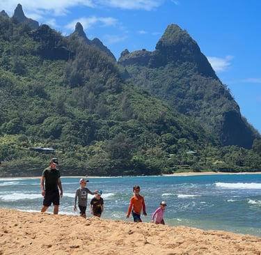 Family on Tunnels Beach in Kauai