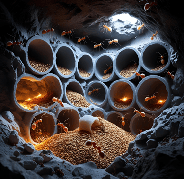 a group of ants in a cave with a lot of ants in it