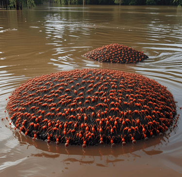 a bunch of Ants on a large round object in the water