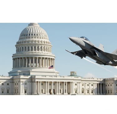 a jet fighter jet flying over a capitol