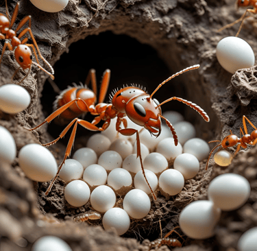 a group of ants in a nestle of eggshells