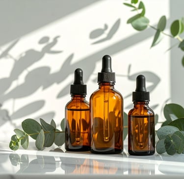 Frascos de vidro âmbar com conta-gotas contendo a fórmula personalizada de Florais de Bach.