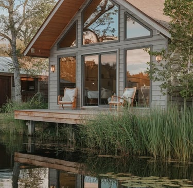 a modern airbnb on a lake showing the back porch