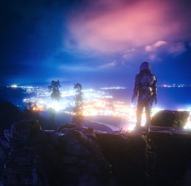 a man in a helmet standing on a rock