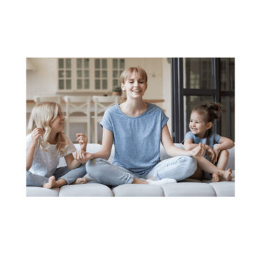 A mother practicing mindfulness with her children to promote relaxation and stress management