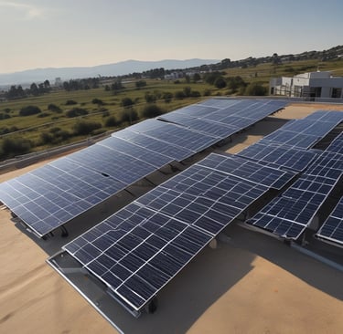 Expansive solar panel installation spread across a large, open area, nestled in front of lush green hills under a clear blue sky.