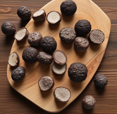 A selection of chocolate truffles is elegantly arranged on a wooden board. The truffles are coated with different toppings such as shredded coconut, chopped nuts, and cocoa powder. Garnishing the arrangement are vibrant green leaves and delicate, colorful flowers which add a fresh and artistic touch to the presentation.