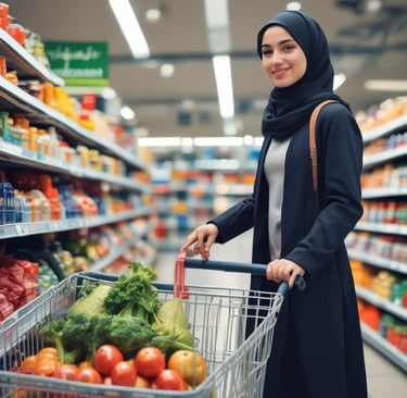 A person is holding various groceries, including a paper bag, organic whole wheat flour, eggs, a carton of Kerrygold butter, and a red coffee package. The individual wears a white knitted cardigan over a grey dress.