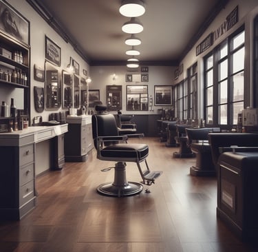 A modern barbershop interior with several styling stations. A person sits comfortably in a salon chair wearing a cape, while a barber is engaged in cutting their hair. The scene includes mirrors, shelves with products, and stylish lighting fixtures hanging from the ceiling.