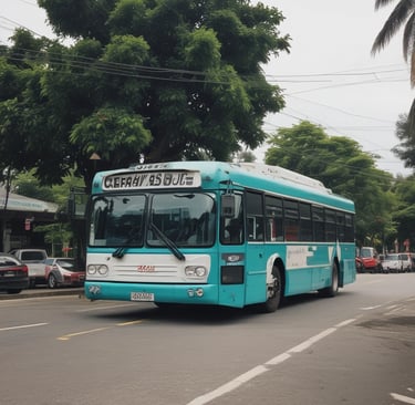Two colorful tourist buses are parked side by side with visible branding for the Bandung city tour, one in a bright yellow color and the other in turquoise. A black car is partially visible between the buses. The scene is set outdoors with trees providing shade in the background.