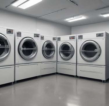 A laundromat with multiple rows of front-loading washing machines and dryers. Some machines have clothes inside, and a laundry cart is present. The walls have humorous signage, including 'Laundry today or naked tomorrow!' and 'Dryers are for washing customers only.' The flooring is light-colored tile, and there's a fan mounted on the wall.