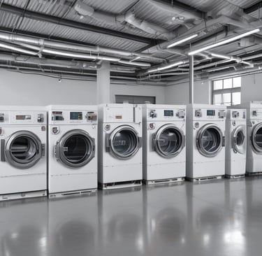 A laundromat interior featuring two stacked commercial washer and dryer machines. The machines have a capacity of 23 kg each. The front view displays control panels with various settings and instructions. The background includes a partially visible reception area with chairs, and there are informational posters mounted on a side wall.