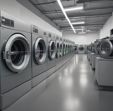 A dimly lit laundromat with a row of washing machines lining the right side. Laundry carts are visible along the left, and the tile floor reflects the subdued lighting from overhead. Various cleaning supplies sit on top of the machines.